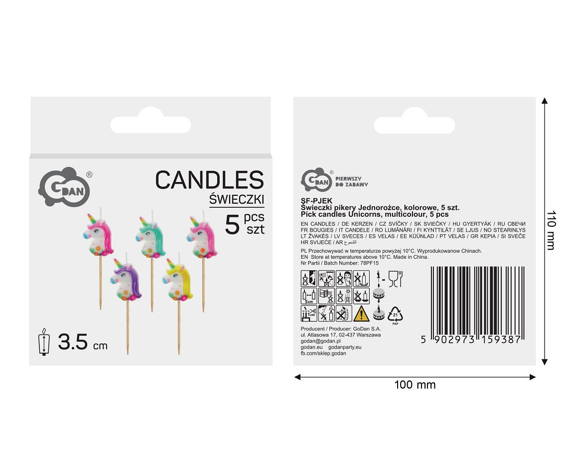 Pick candles Unicorns, multicolour, total length 7 cm, 5 pcs